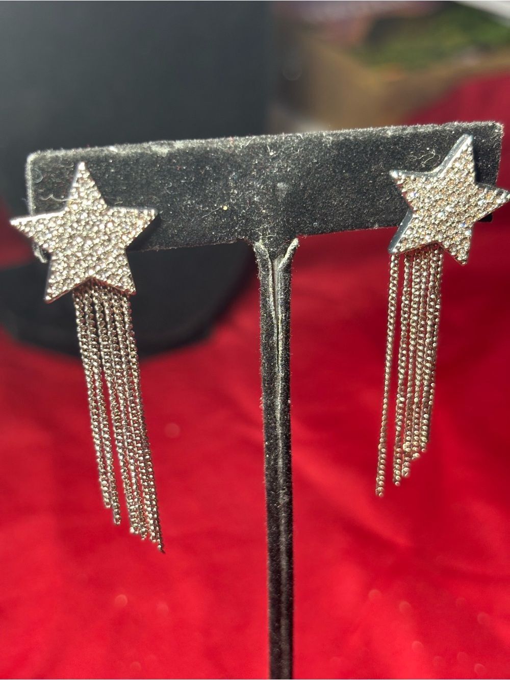 New Silver Star Dangle Chain Fringe Earrings - Sparkling Crystal Accent